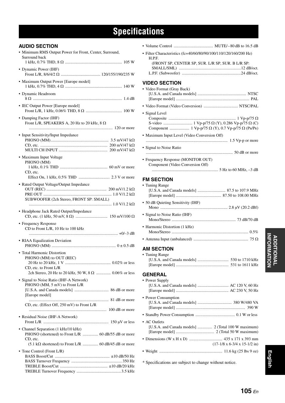 Specifications | Yamaha HTR-6060 User Manual | Page 109 / 127