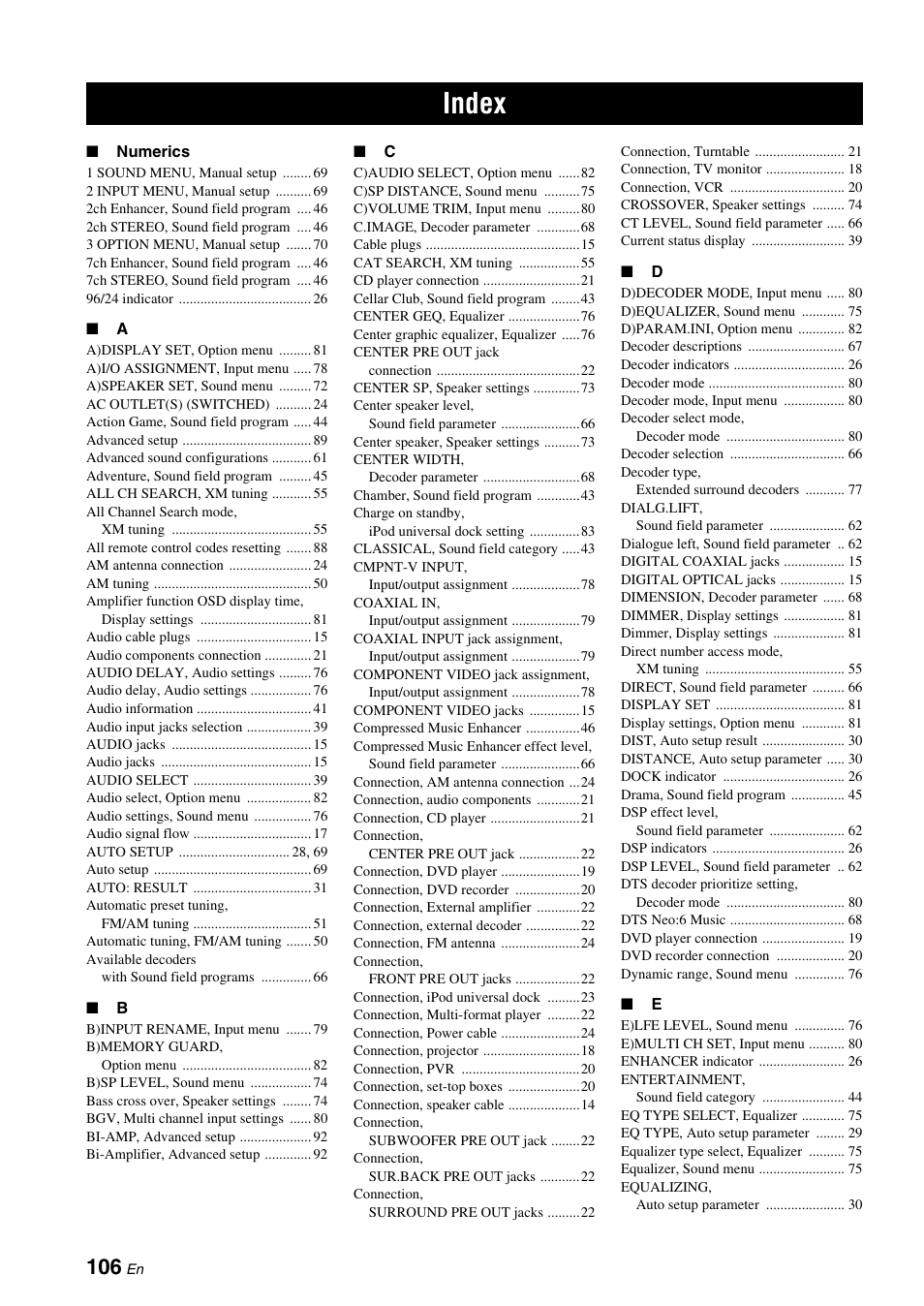 Index | Yamaha HTR-6060 User Manual | Page 110 / 127