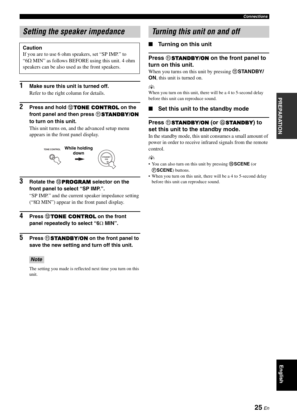 Setting the speaker impedance, Turning this unit on and off | Yamaha HTR-6060 User Manual | Page 29 / 127