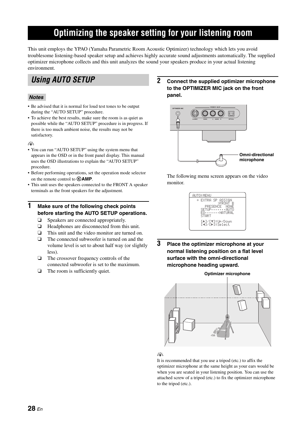 Using auto setup, Optimizing the speaker setting, For your listening room | P. 28 | Yamaha HTR-6060 User Manual | Page 32 / 127