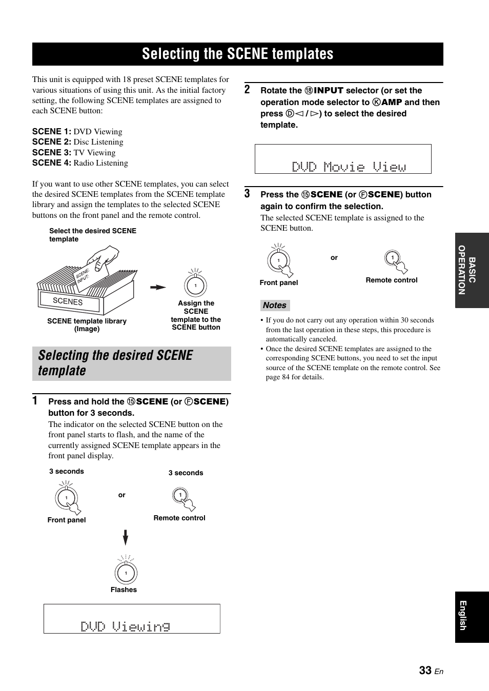 Selecting the scene templates, Selecting the desired scene template, P. 33 | Dvd viewing, Dvd movie view | Yamaha HTR-6060 User Manual | Page 37 / 127