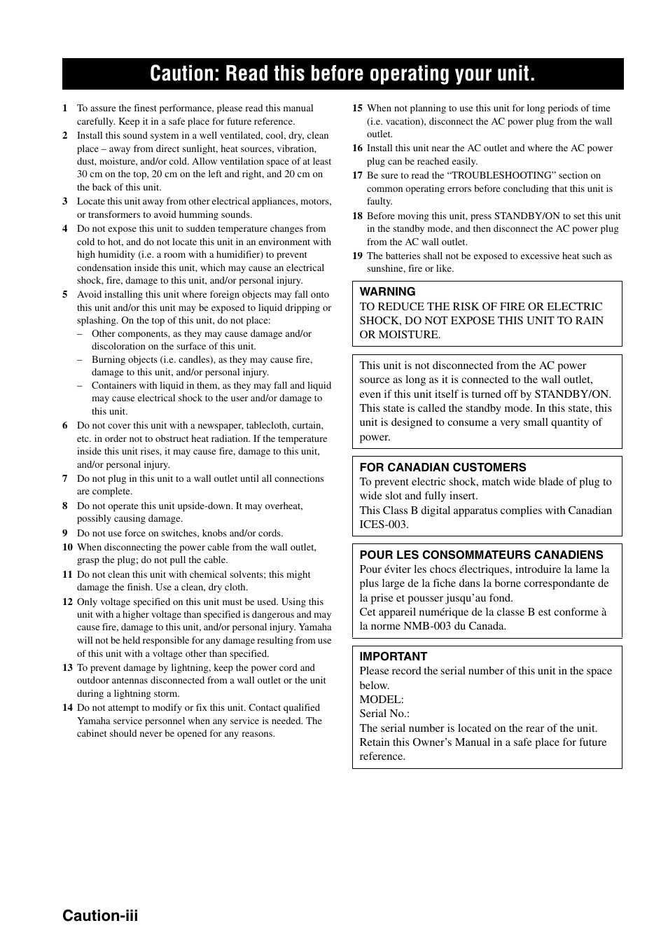 Caution: read this before operating your unit, Caution-iii | Yamaha HTR-6060 User Manual | Page 4 / 127