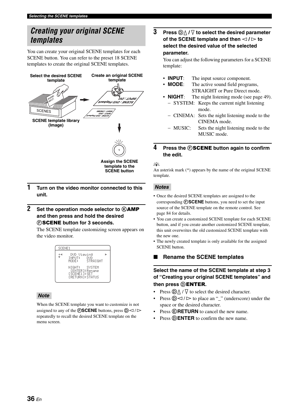 Creating your original scene templates, P. 36 | Yamaha HTR-6060 User Manual | Page 40 / 127