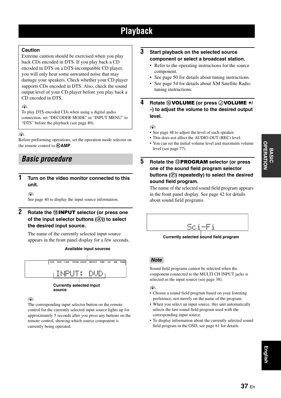 Playback, Basic procedure, P. 37 | Basic procedure input: dvd, Sci-fi | Yamaha HTR-6060 User Manual | Page 41 / 127