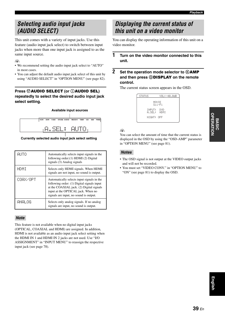 Selecting audio input jacks (audio select), On a video monitor, A.sel: auto | Yamaha HTR-6060 User Manual | Page 43 / 127