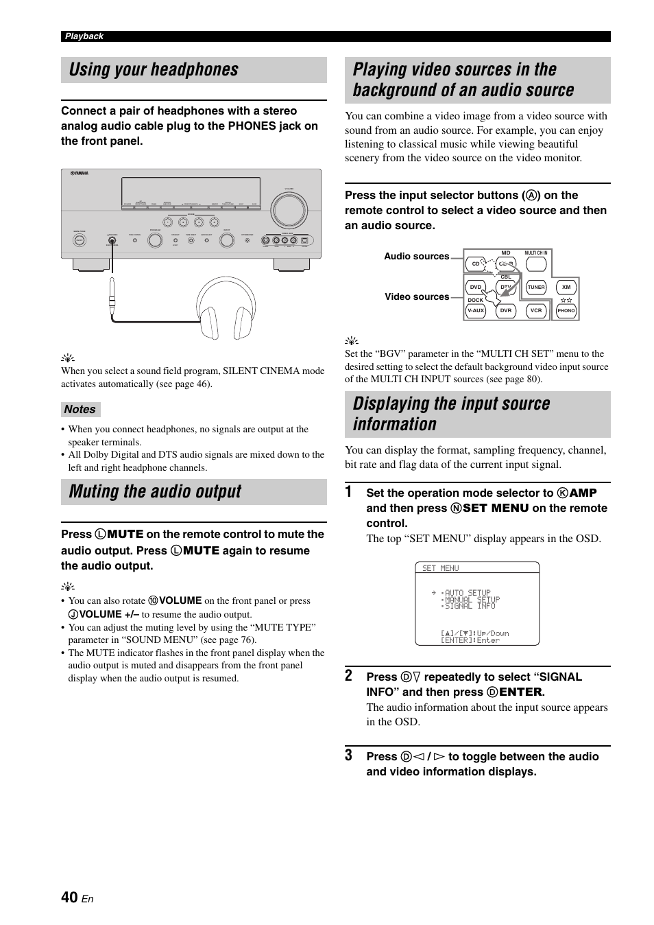 Using your headphones, Muting the audio output, Displaying the input source information | In the background of an audio source | Yamaha HTR-6060 User Manual | Page 44 / 127