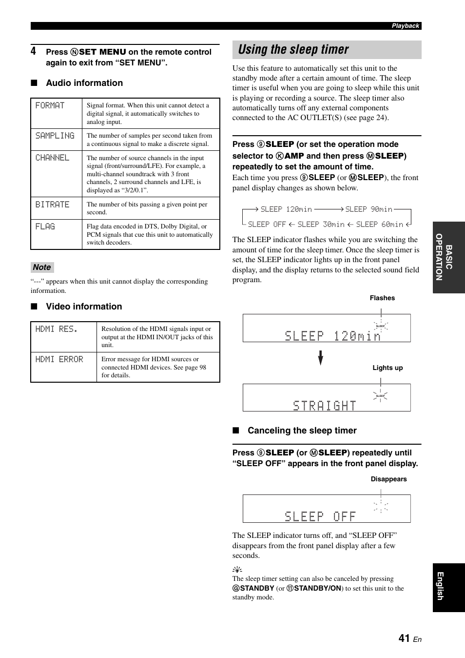 Using the sleep timer, P. 41 | Yamaha HTR-6060 User Manual | Page 45 / 127