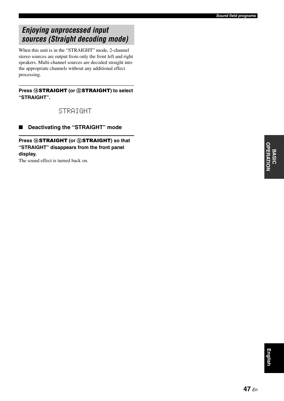 Enjoying unprocessed input sources, Straight decoding mode), Straight | Yamaha HTR-6060 User Manual | Page 51 / 127