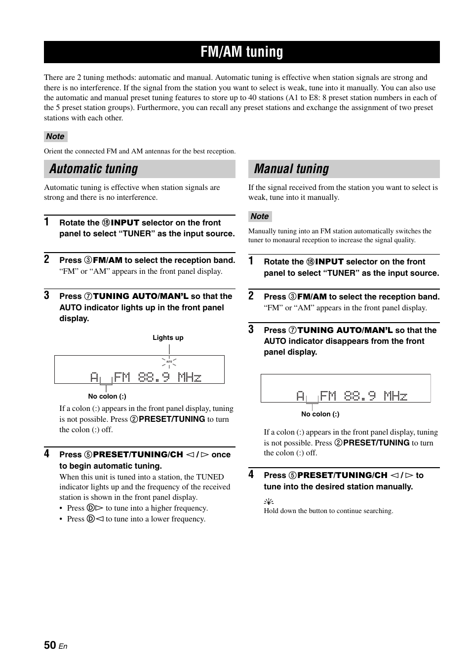 Fm/am tuning, Automatic tuning, Manual tuning | Automatic tuning manual tuning, P. 50, Automatic tuning a fm 88.9 mhz, Afm 88.9 mhz | Yamaha HTR-6060 User Manual | Page 54 / 127