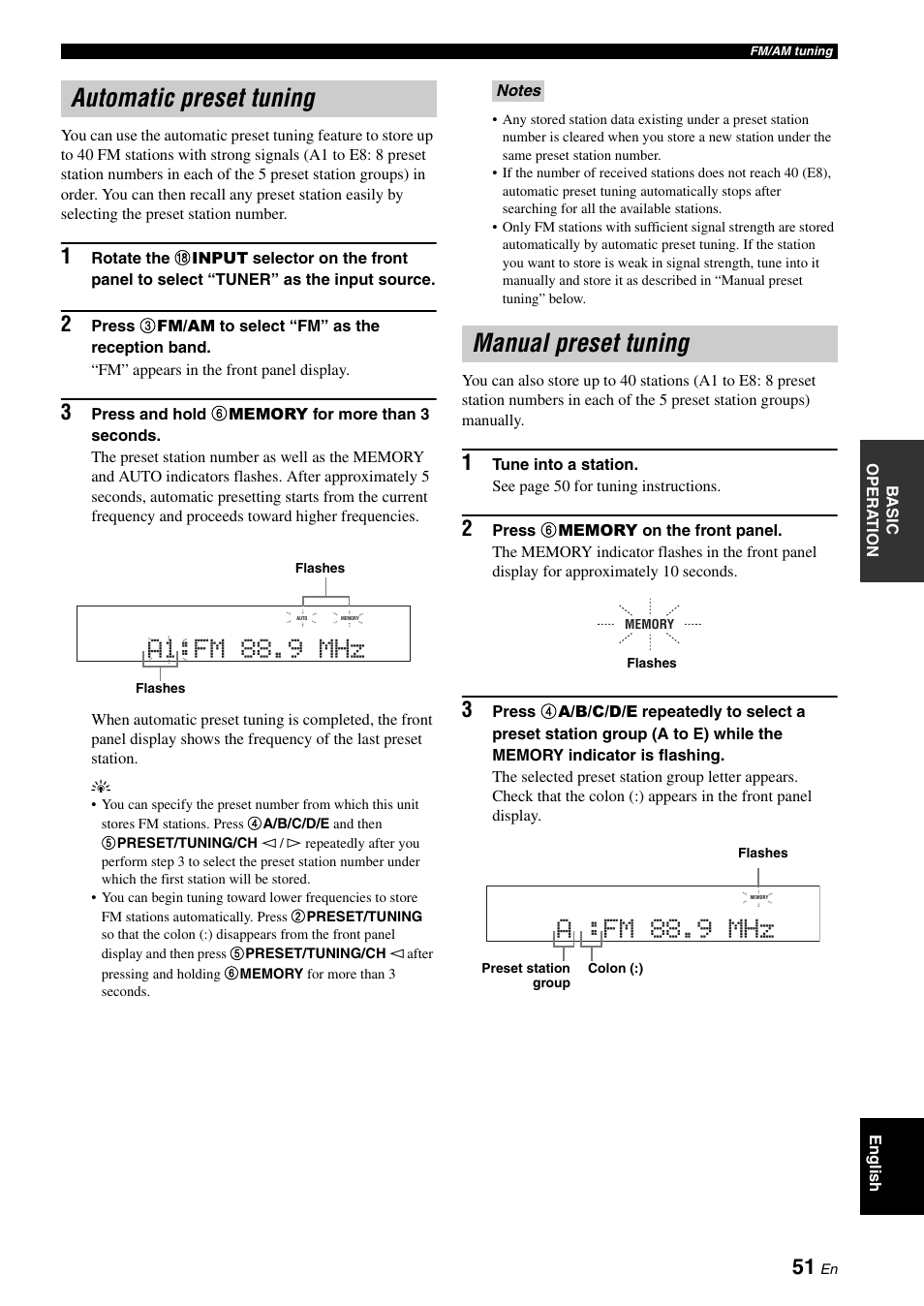 Automatic preset tuning, Manual preset tuning, Automatic preset tuning manual preset tuning | Automatic preset tuning a1:fm 88.9 mhz, A :fm 88.9 mhz | Yamaha HTR-6060 User Manual | Page 55 / 127