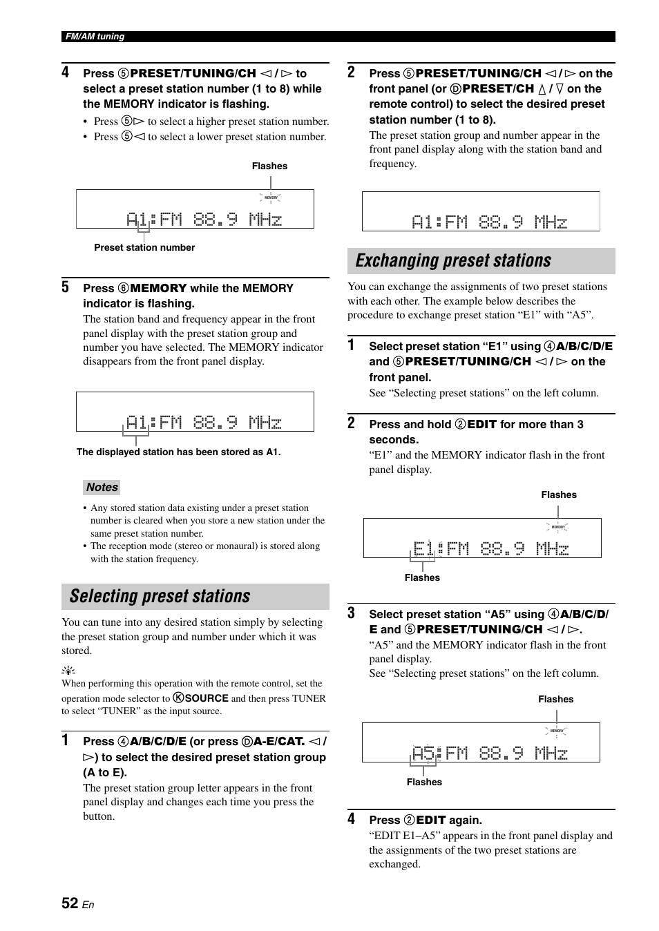 Selecting preset stations, Exchanging preset stations, 52 fo | Selecting preset stations a1:fm 88.9 mhz, A1:fm 88.9 mhz, A5:fm 88.9 mhz | Yamaha HTR-6060 User Manual | Page 56 / 127