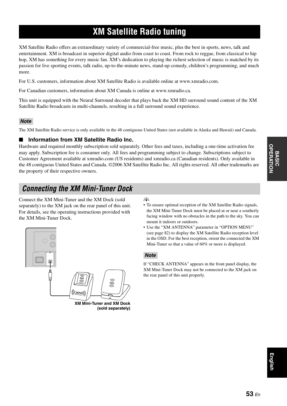 Xm satellite radio tuning, Connecting the xm mini-tuner dock, P. 53 | Yamaha HTR-6060 User Manual | Page 57 / 127