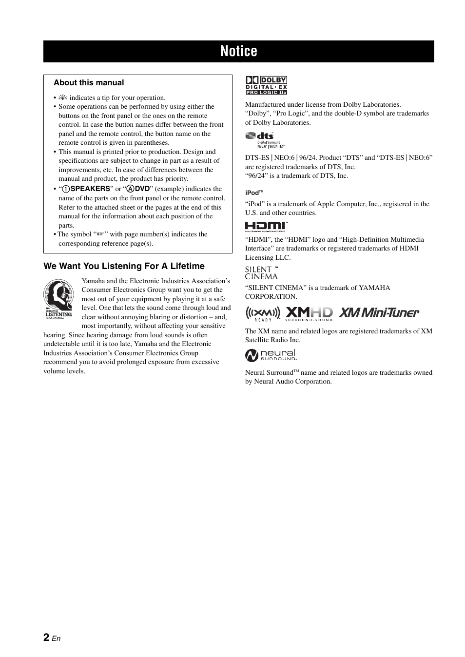 English, Notice, We want you listening for a lifetime | Yamaha HTR-6060 User Manual | Page 6 / 127