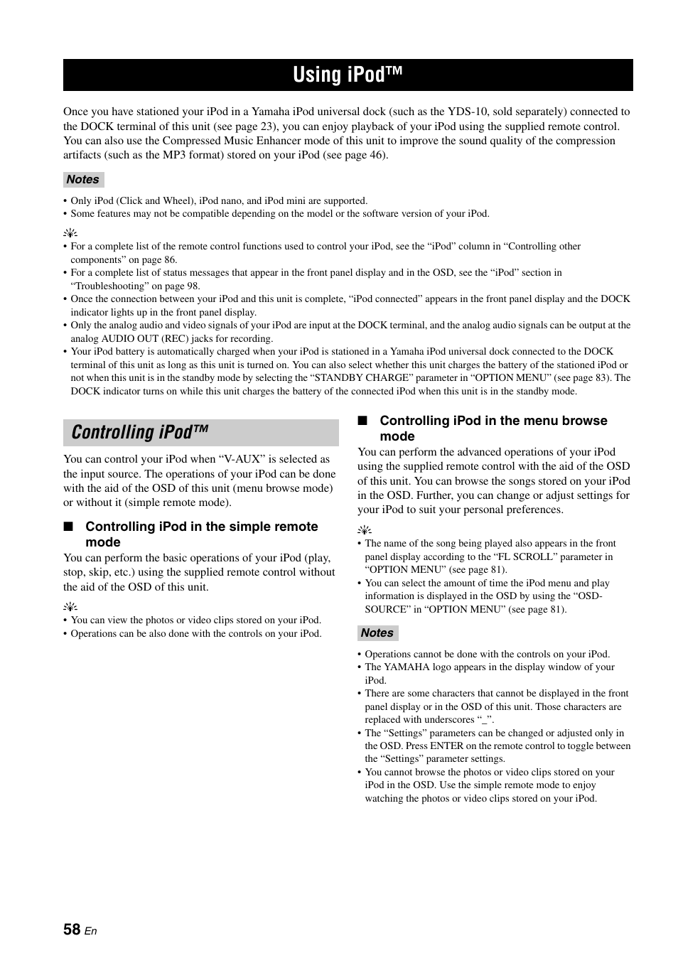 Using ipod, Controlling ipod, P. 58 | Yamaha HTR-6060 User Manual | Page 62 / 127