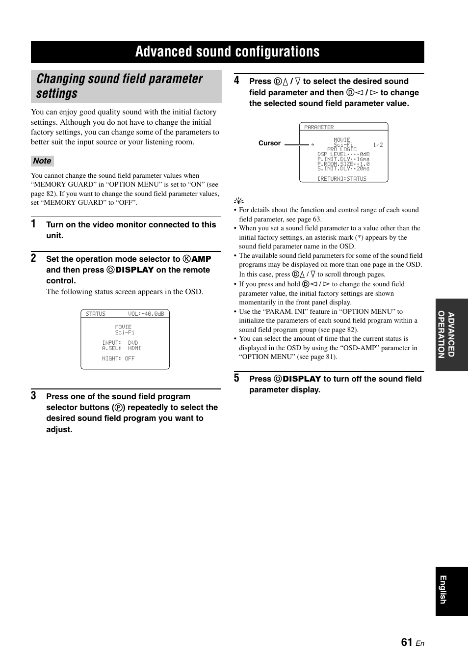 Advanced sound configurations, Changing sound field parameter settings, P. 61 | Yamaha HTR-6060 User Manual | Page 65 / 127