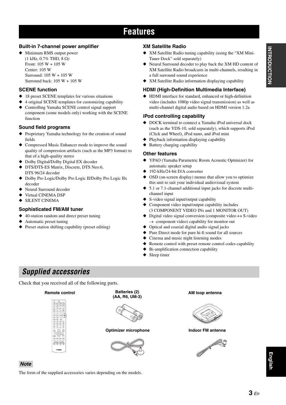 Features, Supplied accessories | Yamaha HTR-6060 User Manual | Page 7 / 127