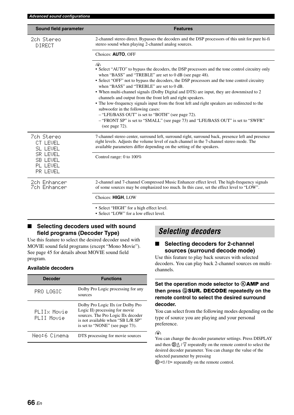 Selecting decoders | Yamaha HTR-6060 User Manual | Page 70 / 127