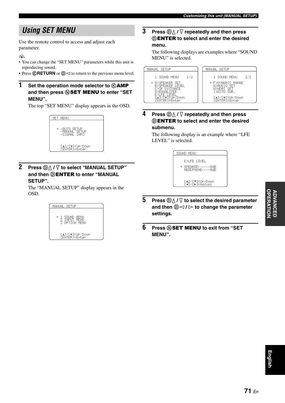 Using set menu, P. 71 | Yamaha HTR-6060 User Manual | Page 75 / 127