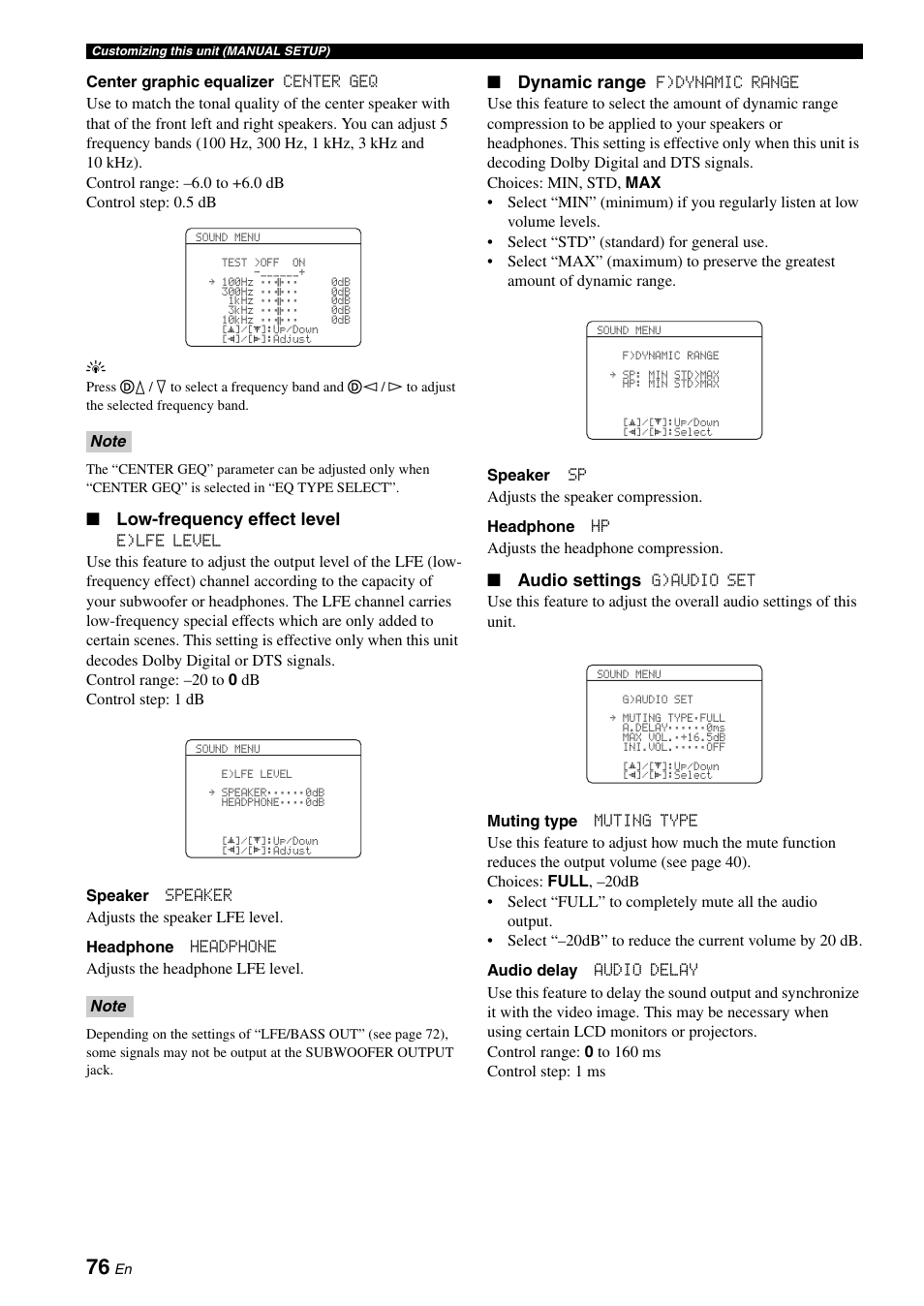 Low-frequency effect level, Dynamic range, Audio settings | Yamaha HTR-6060 User Manual | Page 80 / 127