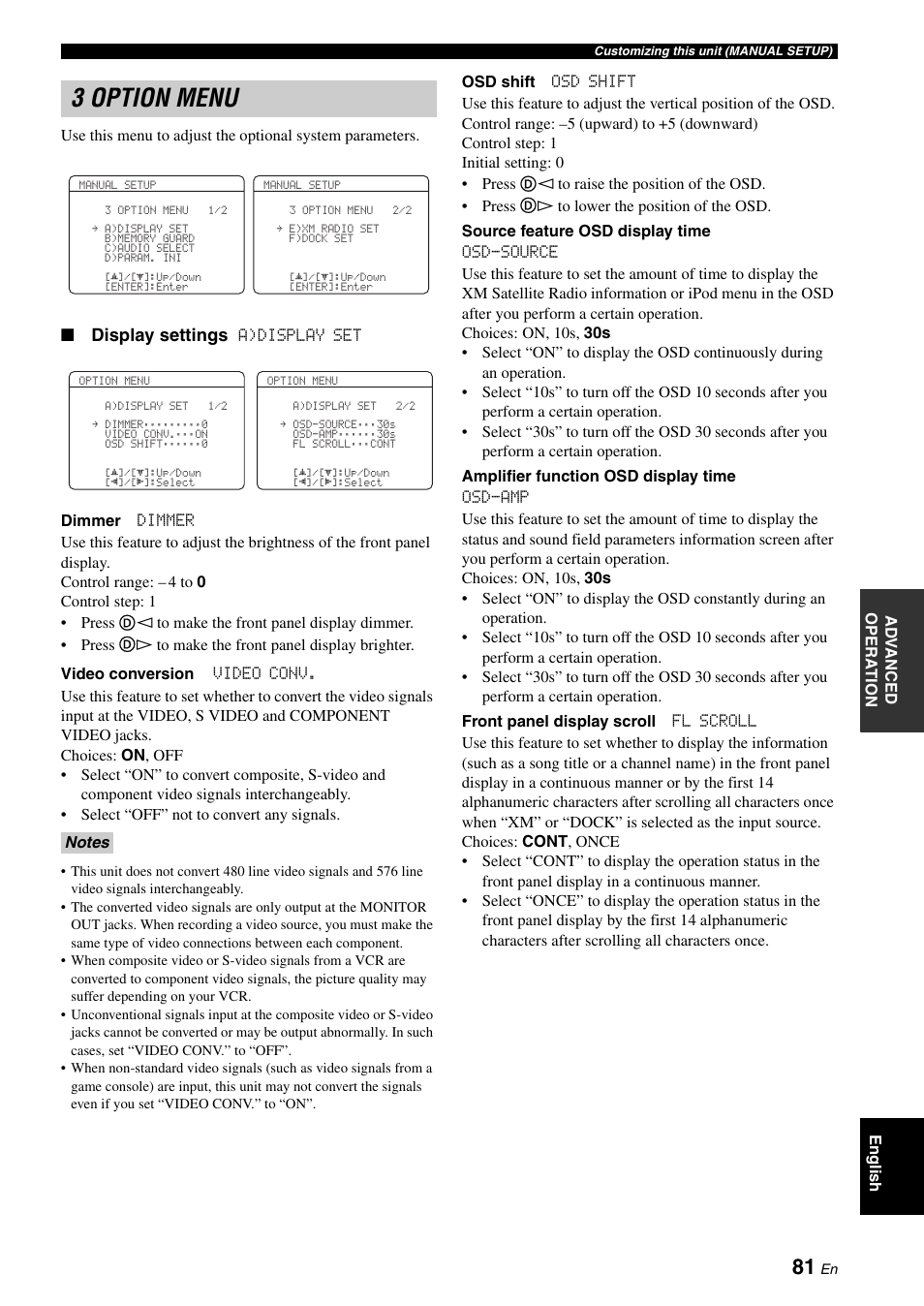 3 option menu, Display settings | Yamaha HTR-6060 User Manual | Page 85 / 127