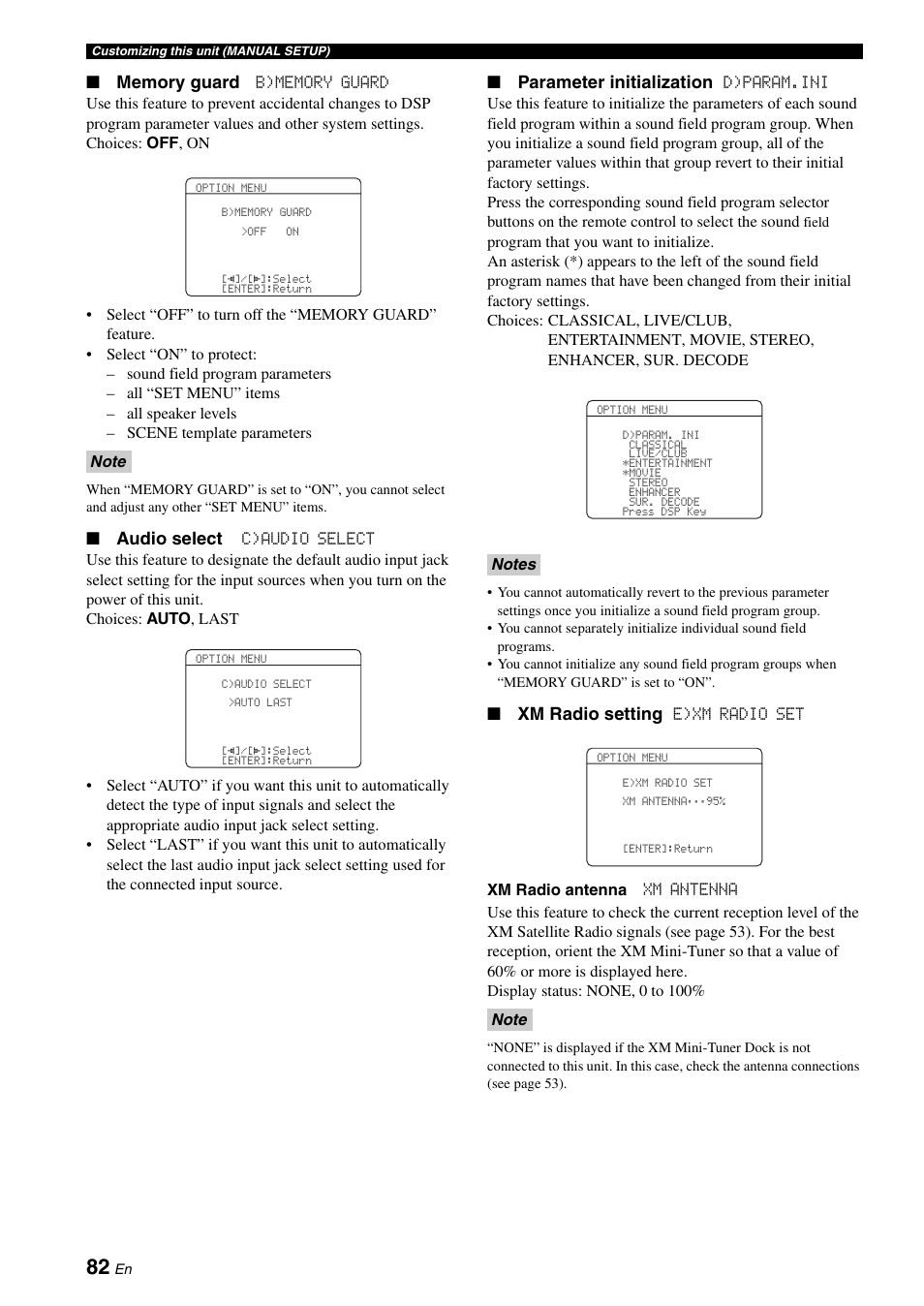 Audio select, Parameter initialization, Xm radio setting | Yamaha HTR-6060 User Manual | Page 86 / 127