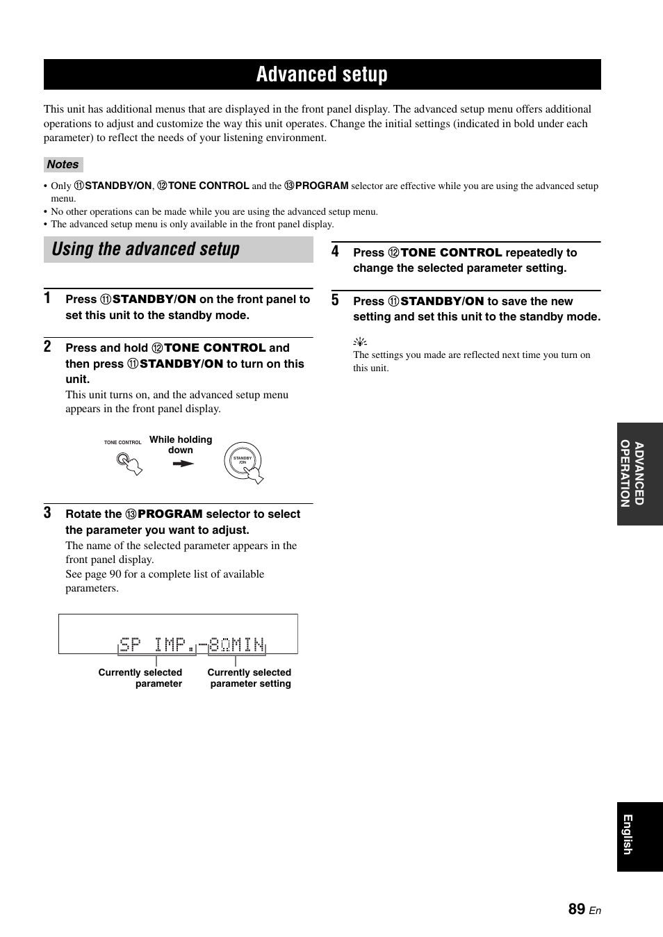 Advanced setup, Using the advanced setup, P. 89 | Sp imp min | Yamaha HTR-6060 User Manual | Page 93 / 127