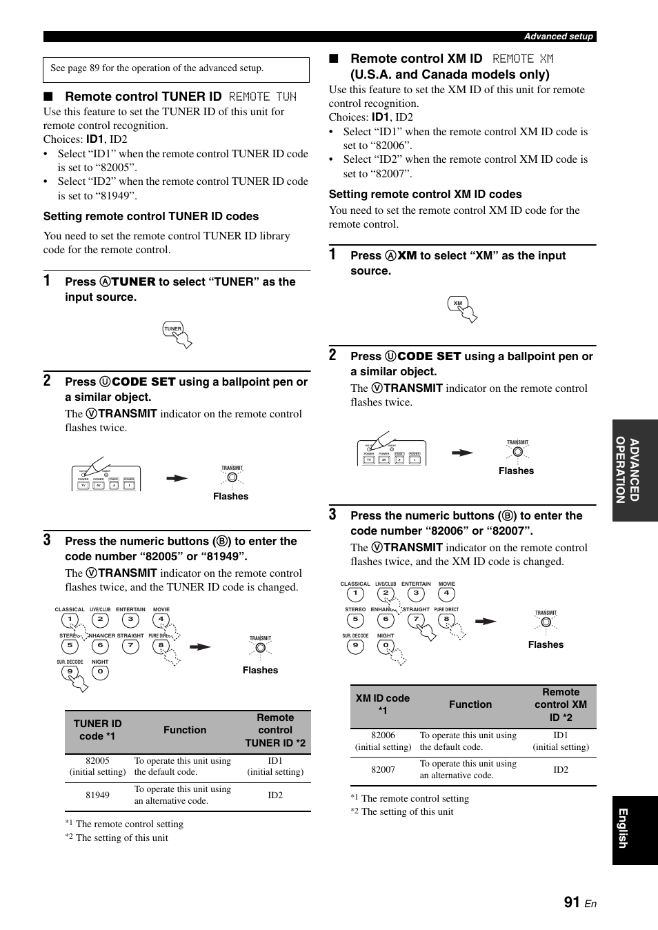 Remote control tuner id, Remote control xm id, U.s.a. and canada models only) | Ad v anced opera t ion english, Remote xm, Press a xm to select “xm” as the input source | Yamaha HTR-6060 User Manual | Page 95 / 127