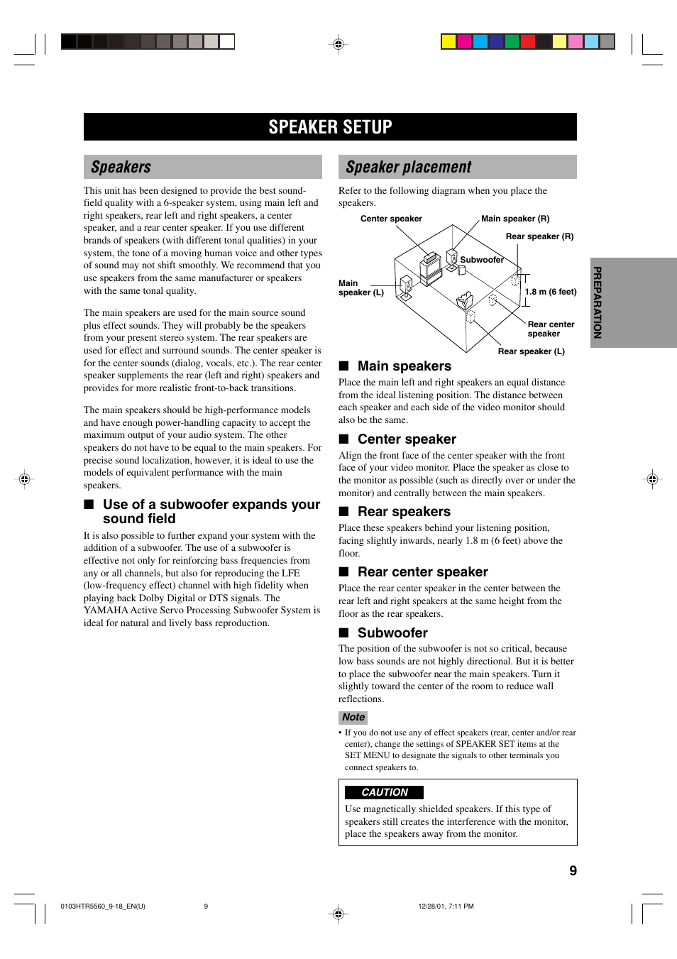 Preparation, Speaker setup, Speakers | Speaker placement, Use of a subwoofer expands your sound field, Main speakers, Center speaker, Rear speakers, Rear center speaker, Subwoofer | Yamaha HTR-5560 User Manual | Page 13 / 67