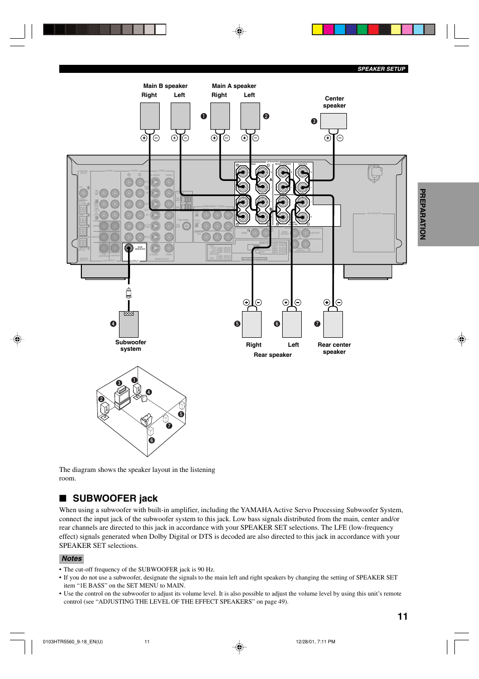 Subwoofer jack, Speaker setup | Yamaha HTR-5560 User Manual | Page 15 / 67