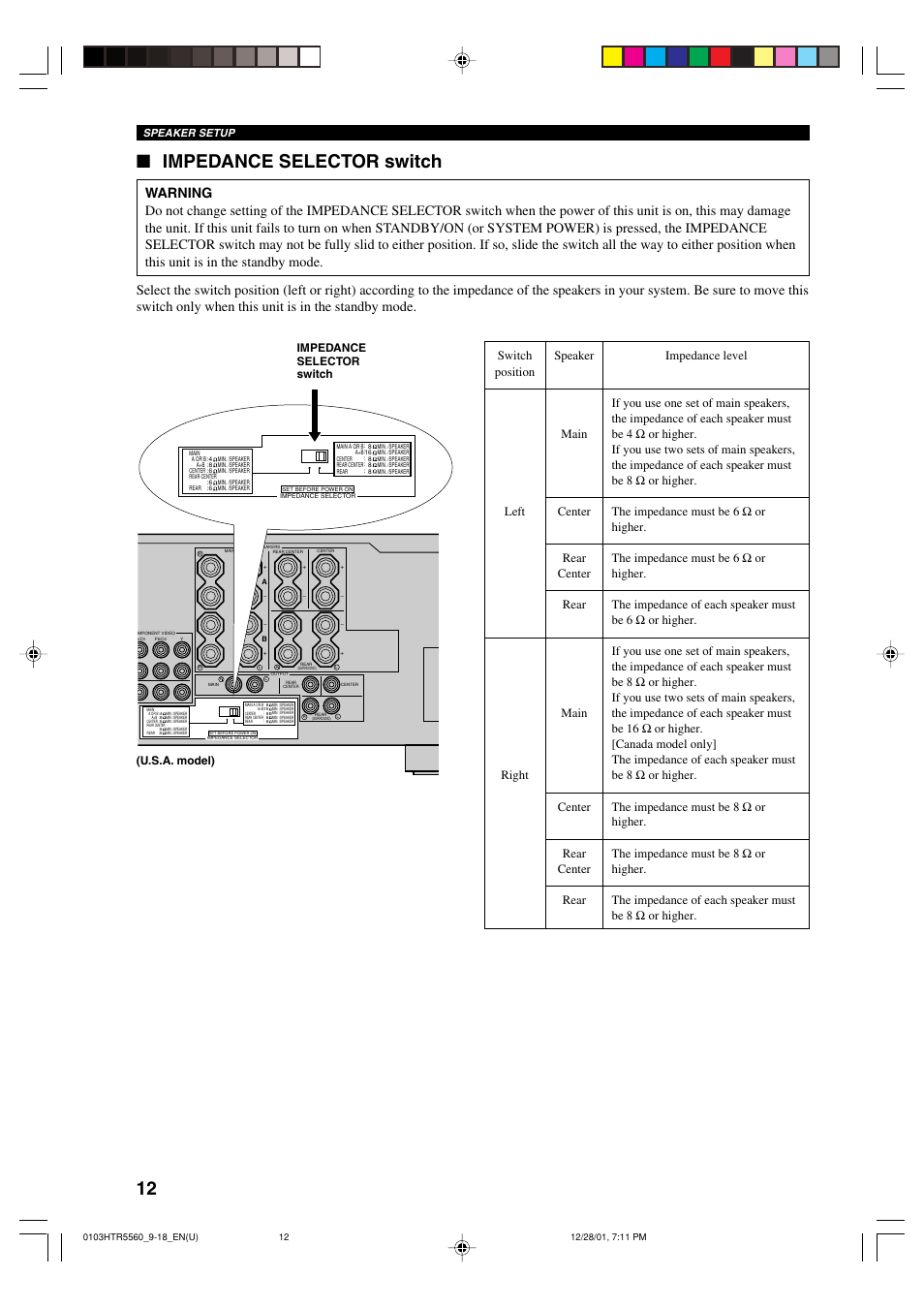 Impedance selector switch, Speaker setup | Yamaha HTR-5560 User Manual | Page 16 / 67