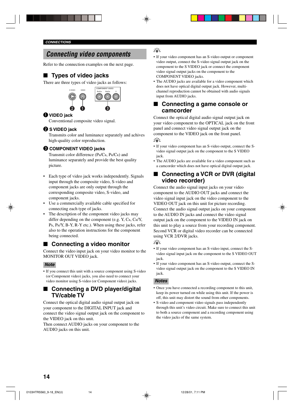 Connecting video components, Types of video jacks, Connecting a video monitor | Connecting a dvd player/digital tv/cable tv, Connecting a game console or camcorder, Connecting a vcr or dvr (digital video recorder) | Yamaha HTR-5560 User Manual | Page 18 / 67