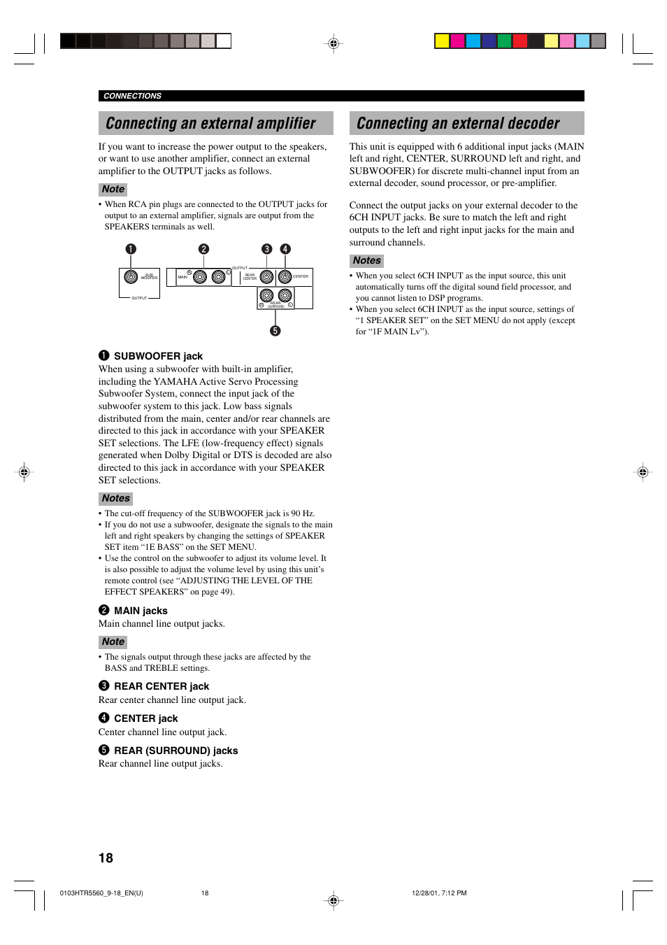 Connecting an external amplifier, Connecting an external decoder | Yamaha HTR-5560 User Manual | Page 22 / 67