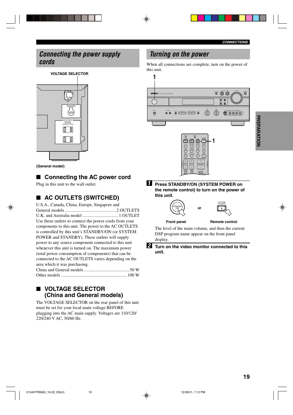 Connecting the power supply cords, Turning on the power, Connecting the ac power cord | Ac outlets (switched), Voltage selector (china and general models), Plug in this unit to the wall outlet, Turn on the video monitor connected to this unit | Yamaha HTR-5560 User Manual | Page 23 / 67