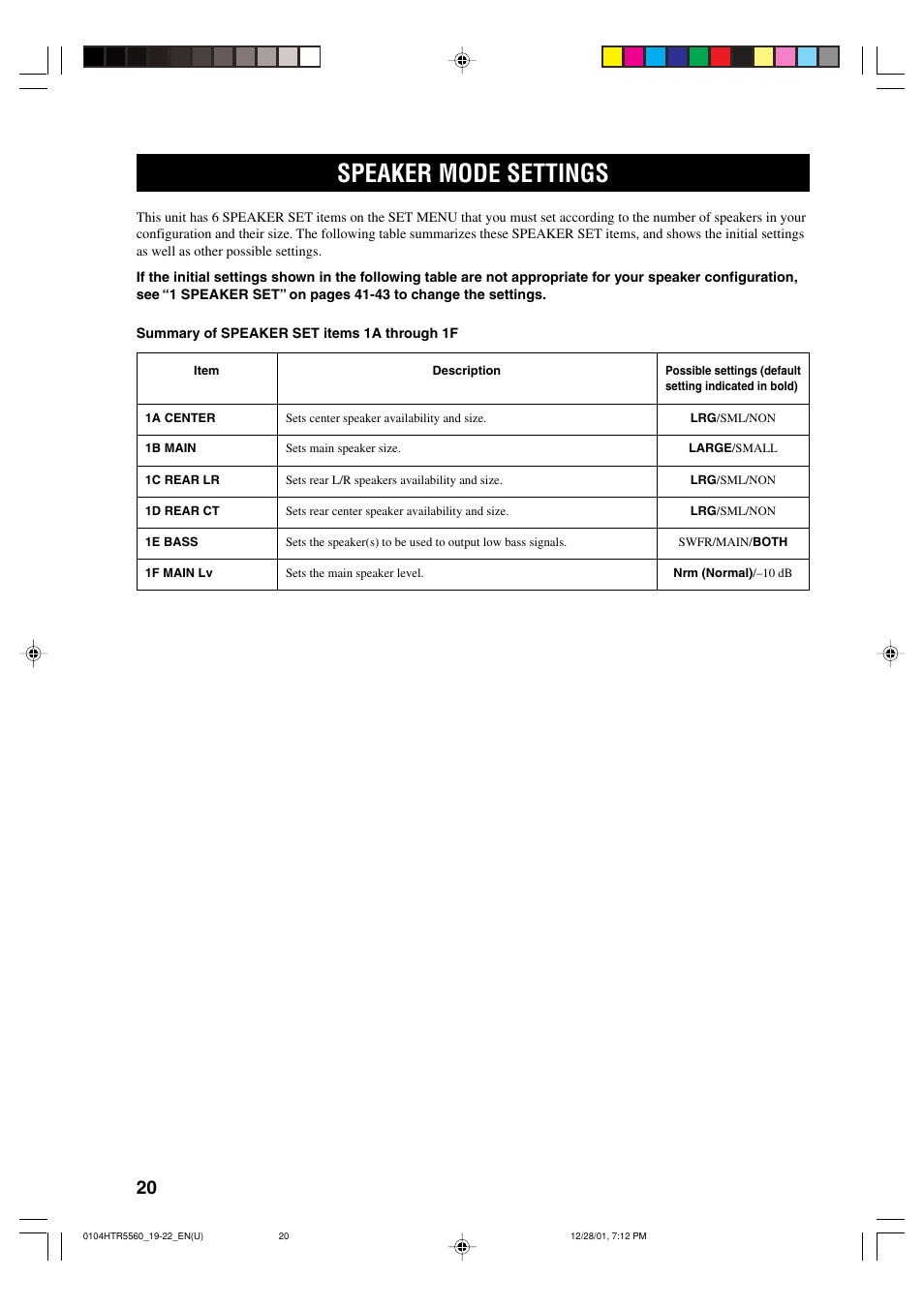 Speaker mode settings | Yamaha HTR-5560 User Manual | Page 24 / 67