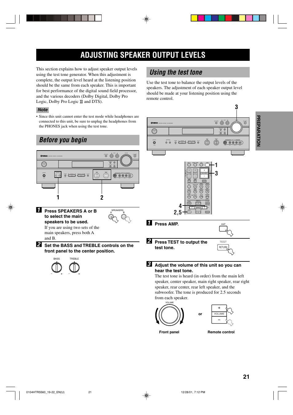 Adjusting speaker output levels, Before you begin, Using the test tone | Before you begin 1, Press amp, Press test to output the test tone | Yamaha HTR-5560 User Manual | Page 25 / 67