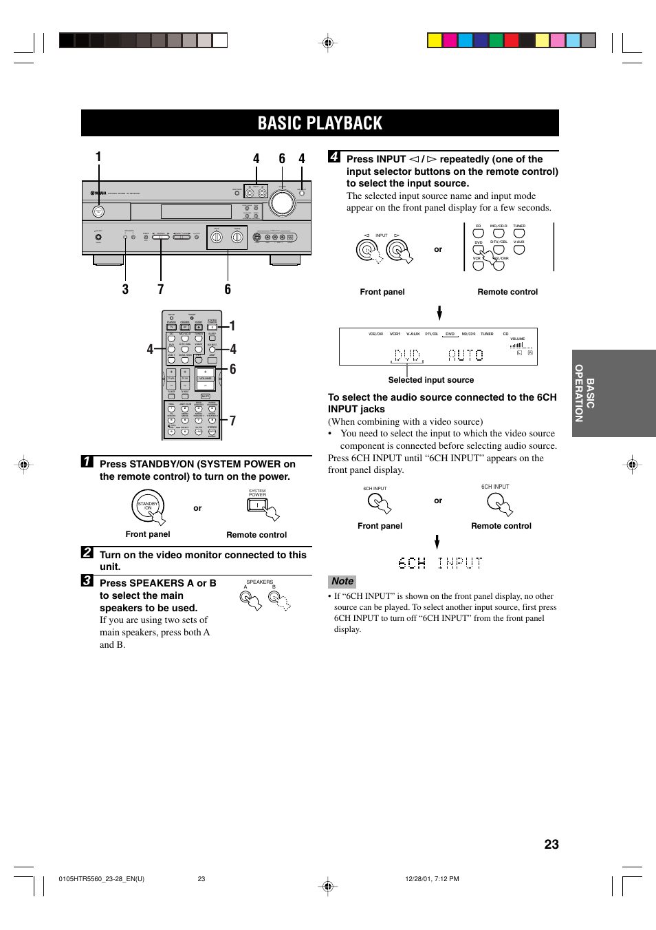 Basic operation, Basic playback, Turn on the video monitor connected to this unit | Yamaha HTR-5560 User Manual | Page 27 / 67