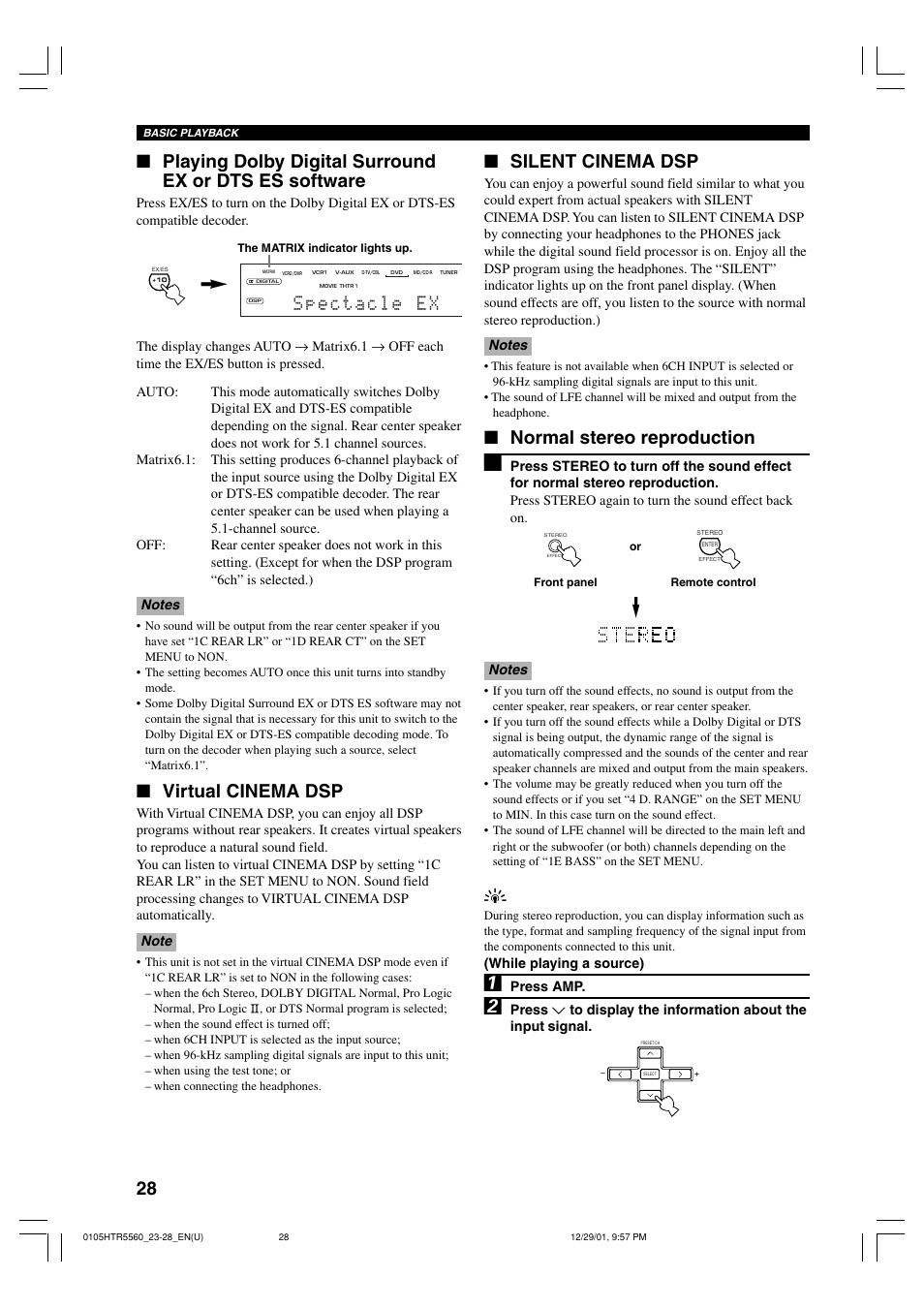 Virtual cinema dsp, Silent cinema dsp, Normal stereo reproduction | Yamaha HTR-5560 User Manual | Page 32 / 67