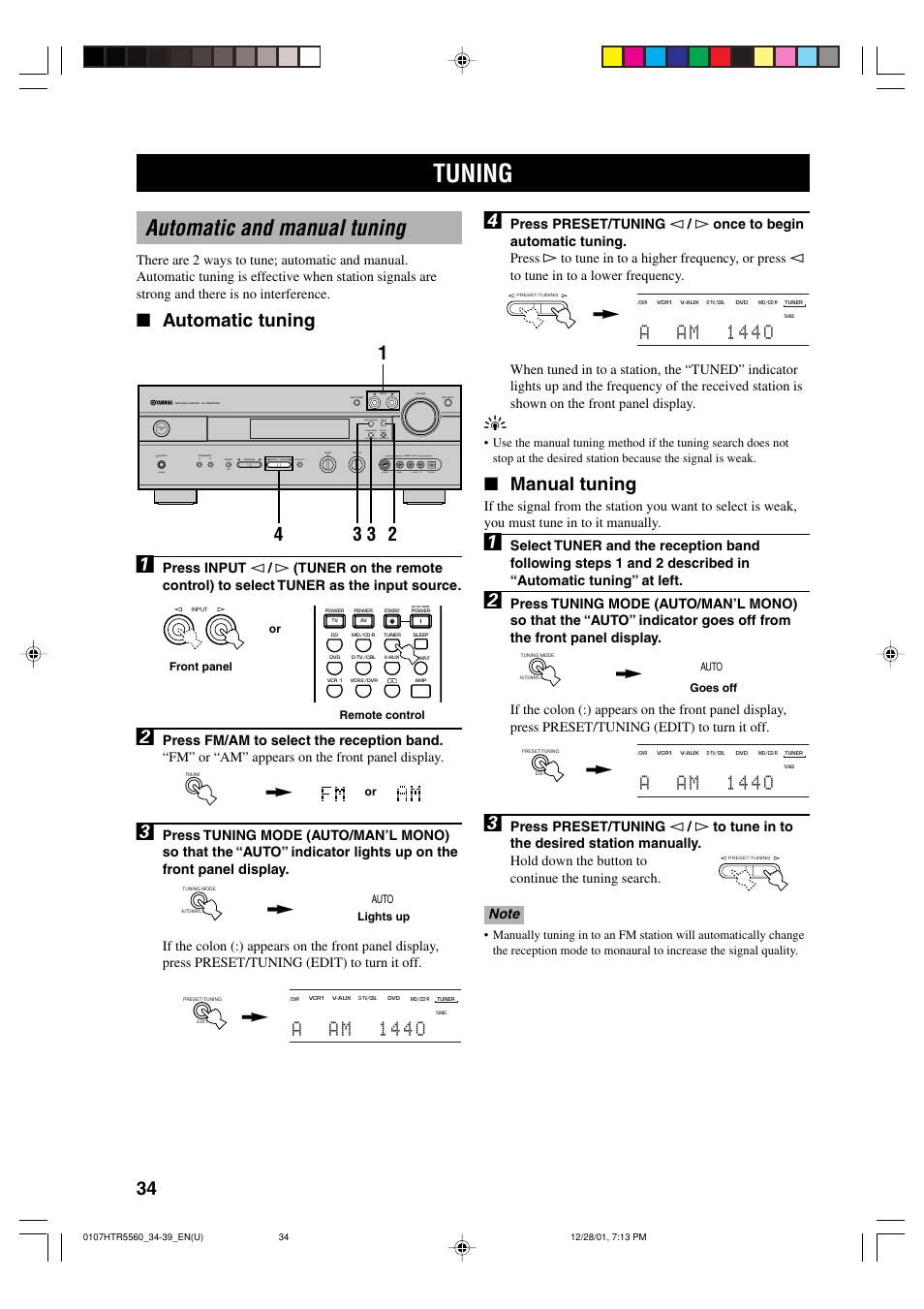 Tuning, Automatic and manual tuning, Manual tuning | Automatic tuning, Aa m 1 4 4 o | Yamaha HTR-5560 User Manual | Page 38 / 67