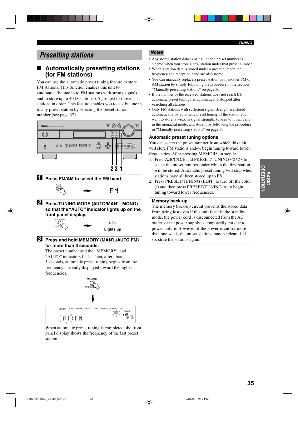 Presetting stations, A 1 : f m | Yamaha HTR-5560 User Manual | Page 39 / 67