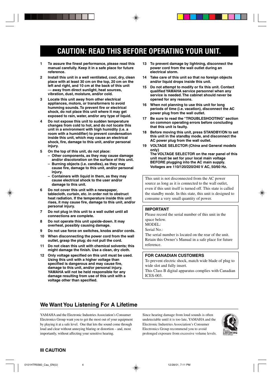 Caution: read this before operating your unit, We want you listening for a lifetime, Iii caution | Yamaha HTR-5560 User Manual | Page 4 / 67