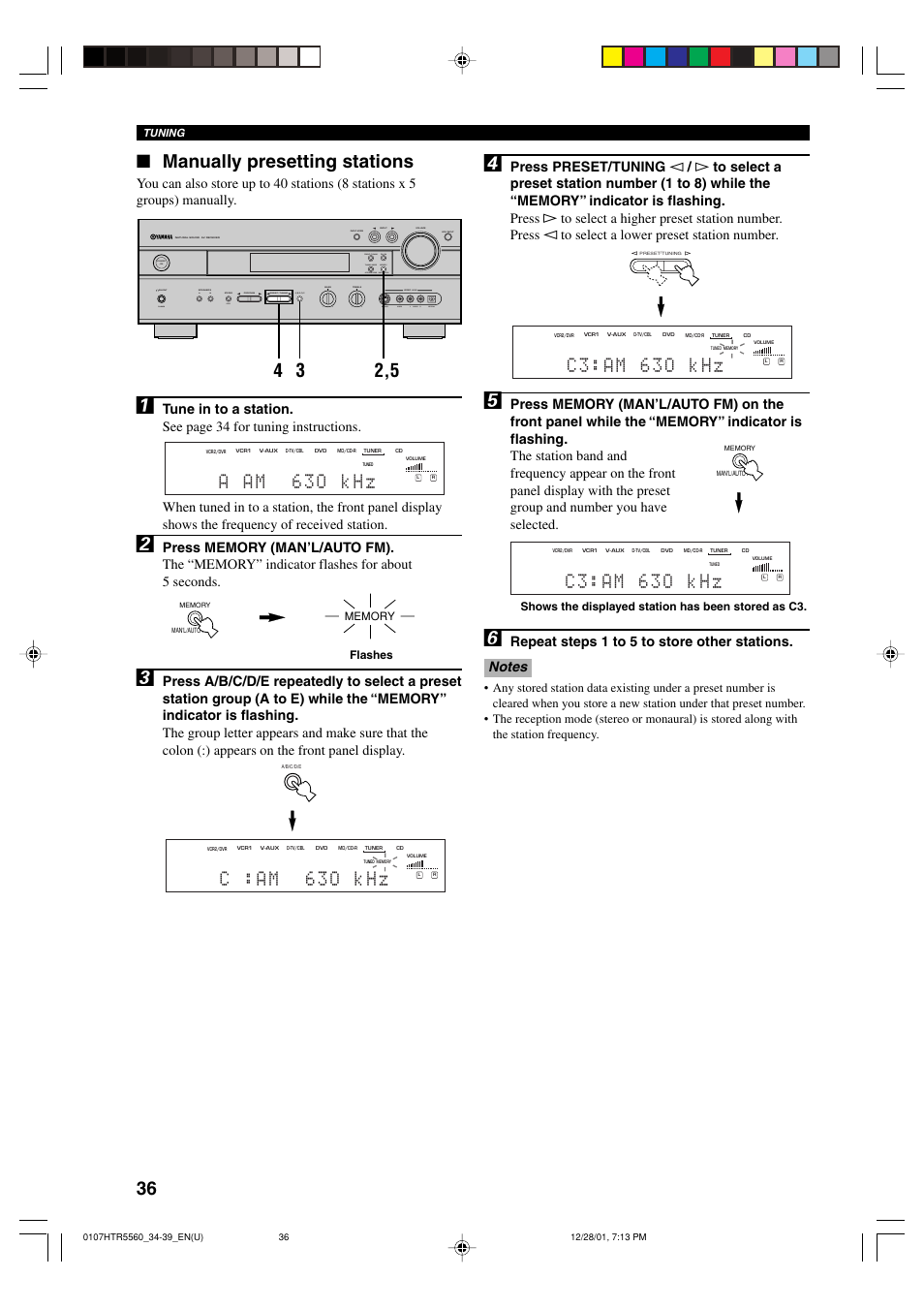 Manually presetting stations, C : a m 6 3 o k h z, A a m 6 3 o k h z | C 3 : a m 6 3 o k h z | Yamaha HTR-5560 User Manual | Page 40 / 67