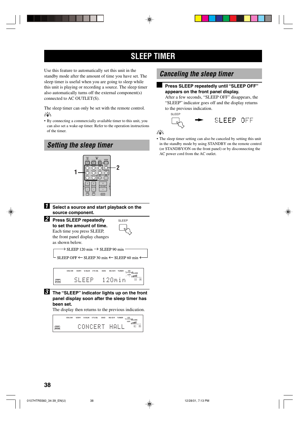 Sleep timer, Setting the sleep timer, Canceling the sleep timer | Setting the sleep timer 1, Canceling the sleep timer 1 | Yamaha HTR-5560 User Manual | Page 42 / 67