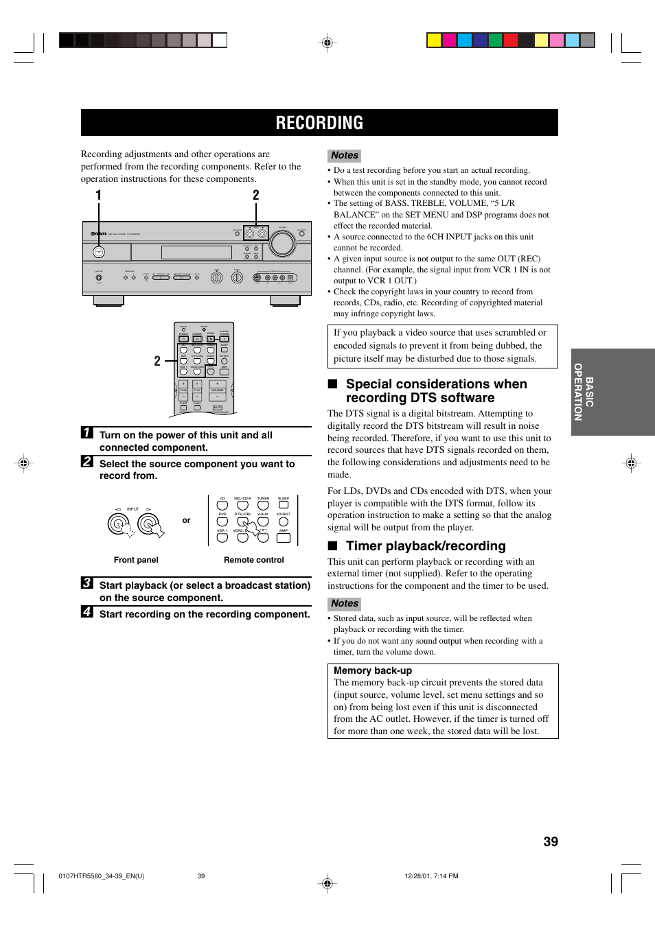 Recording, Special considerations when recording dts software, Timer playback/recording | Start recording on the recording component | Yamaha HTR-5560 User Manual | Page 43 / 67