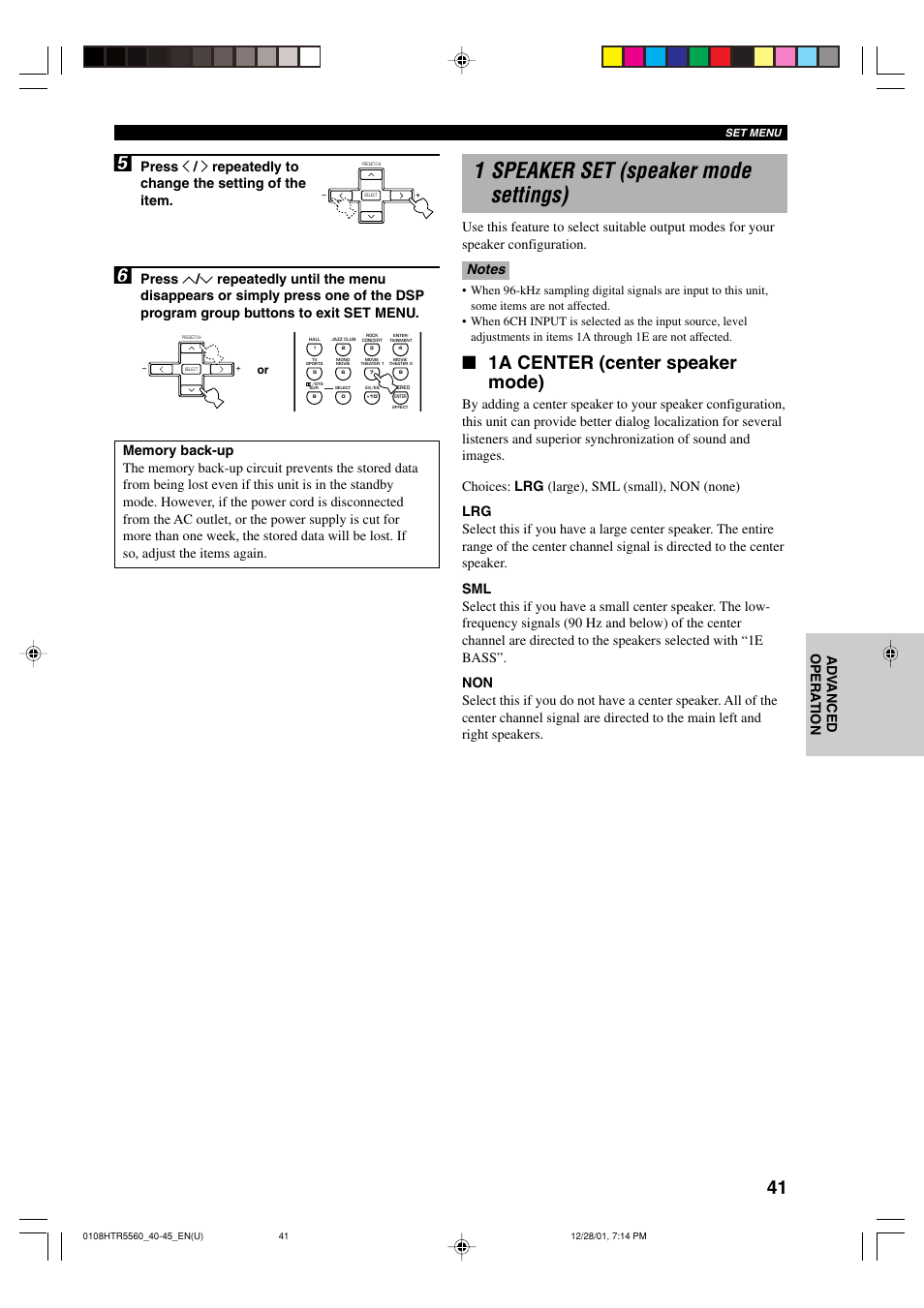 1 speaker set (speaker mode settings), 1a center (center speaker mode) | Yamaha HTR-5560 User Manual | Page 45 / 67