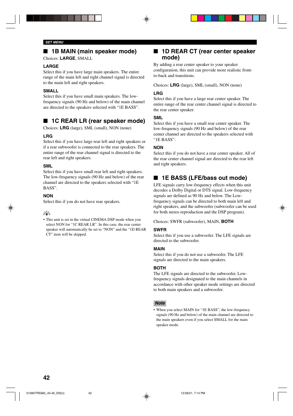 1b main (main speaker mode), 1c rear lr (rear speaker mode), 1d rear ct (rear center speaker mode) | 1e bass (lfe/bass out mode) | Yamaha HTR-5560 User Manual | Page 46 / 67