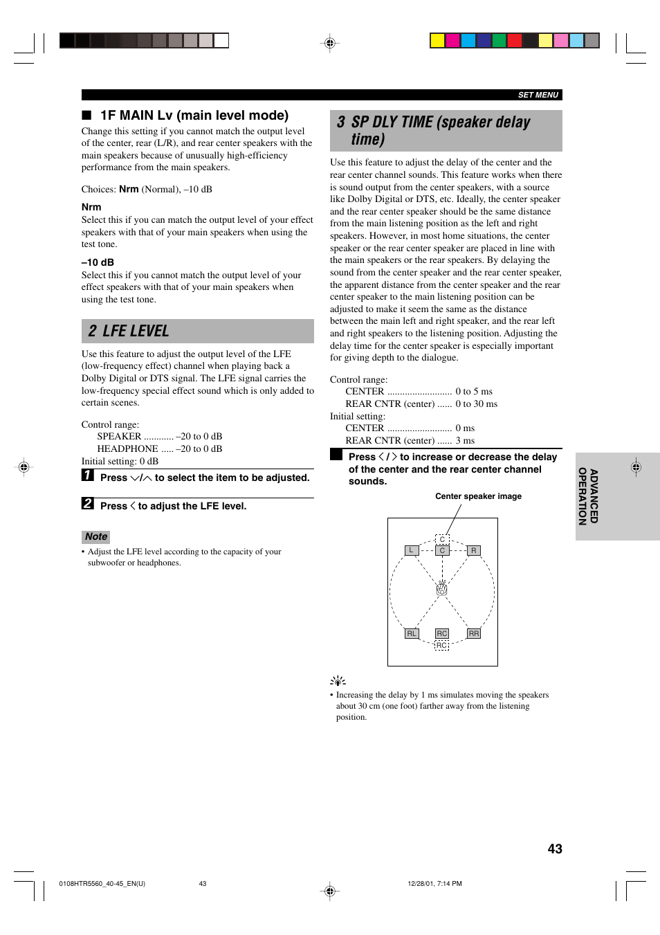 2 lfe level, 3 sp dly time (speaker delay time), 1f main lv (main level mode) | Yamaha HTR-5560 User Manual | Page 47 / 67