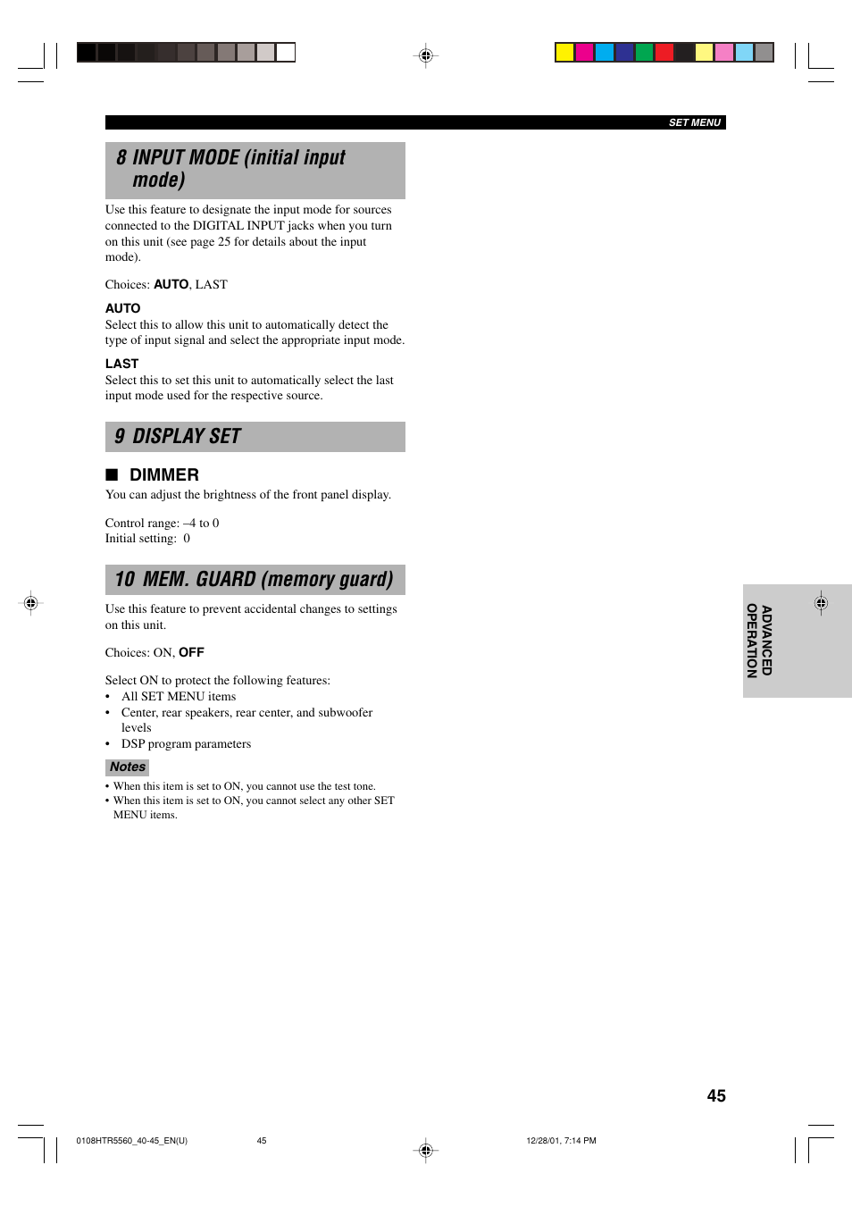 8 input mode (initial input mode), 9 display set, 10 mem. guard (memory guard) | Dimmer | Yamaha HTR-5560 User Manual | Page 49 / 67