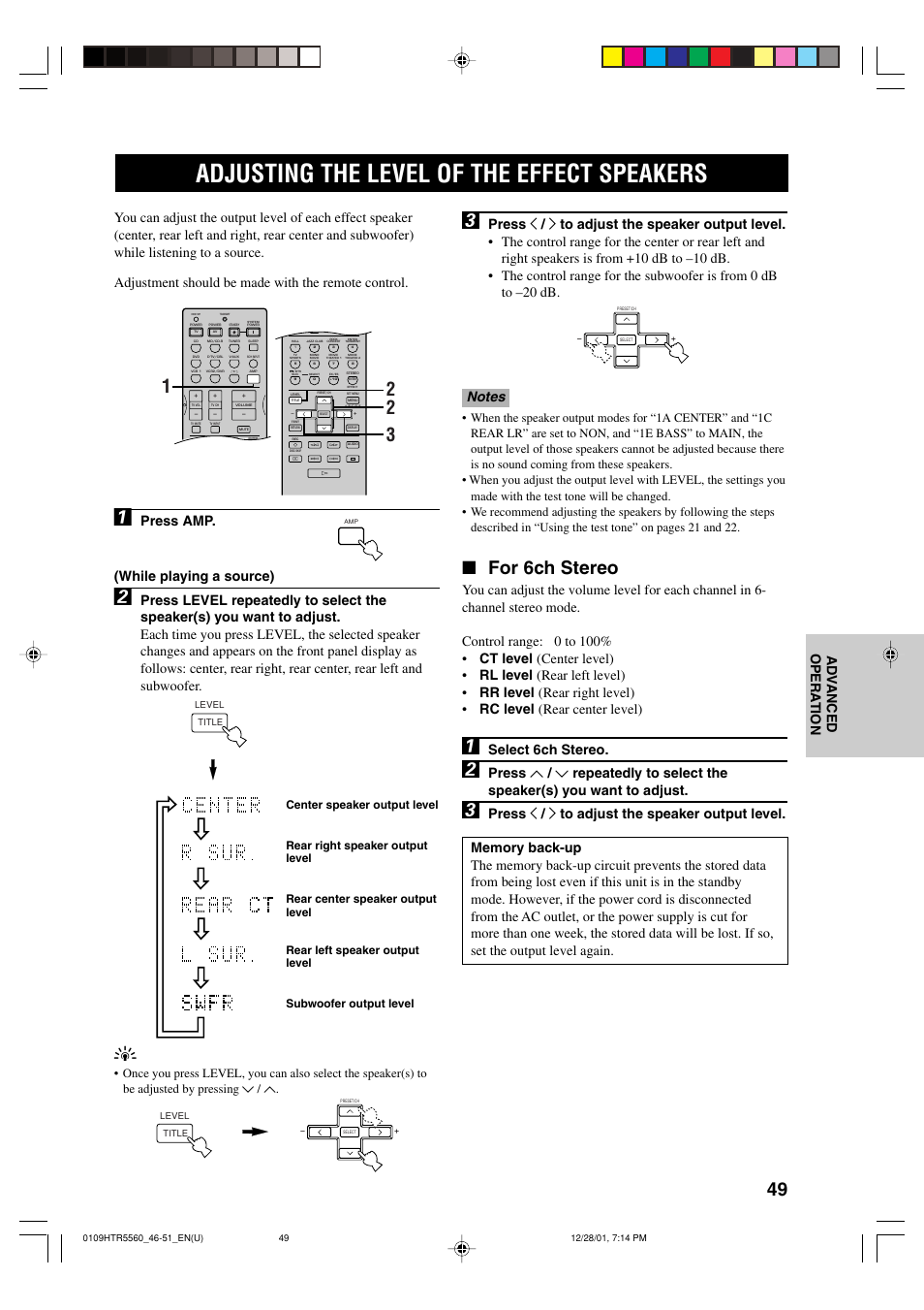 Adjusting the level of the effect speakers, For 6ch stereo, Press amp. (while playing a source) | Select 6ch stereo, Rear center speaker output level | Yamaha HTR-5560 User Manual | Page 53 / 67