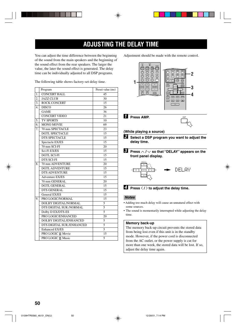 Adjusting the delay time, Delay, Adjustment should be made with the remote control | Press amp. (while playing a source) | Yamaha HTR-5560 User Manual | Page 54 / 67