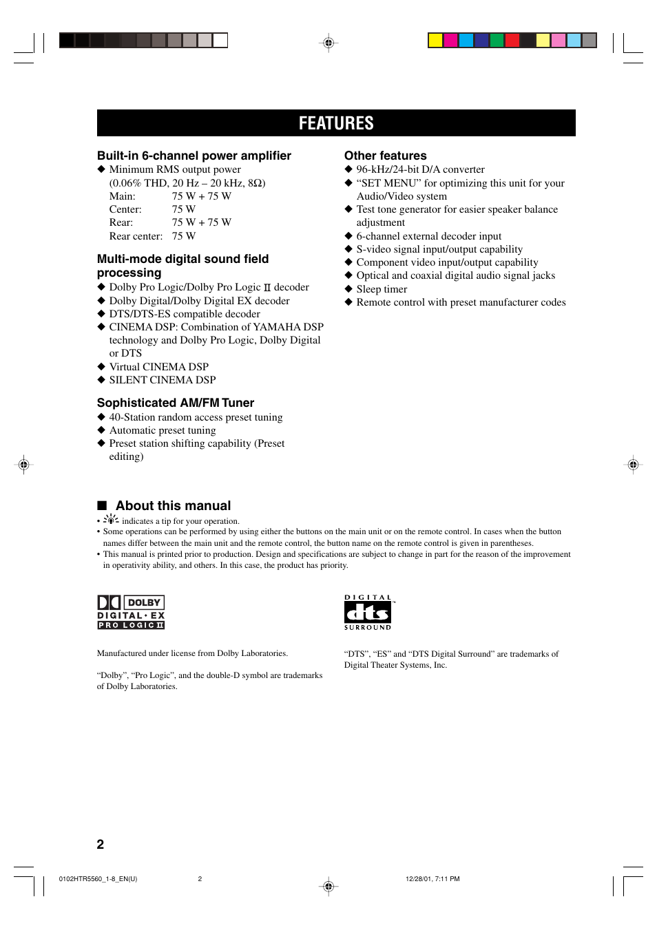 Features, About this manual | Yamaha HTR-5560 User Manual | Page 6 / 67